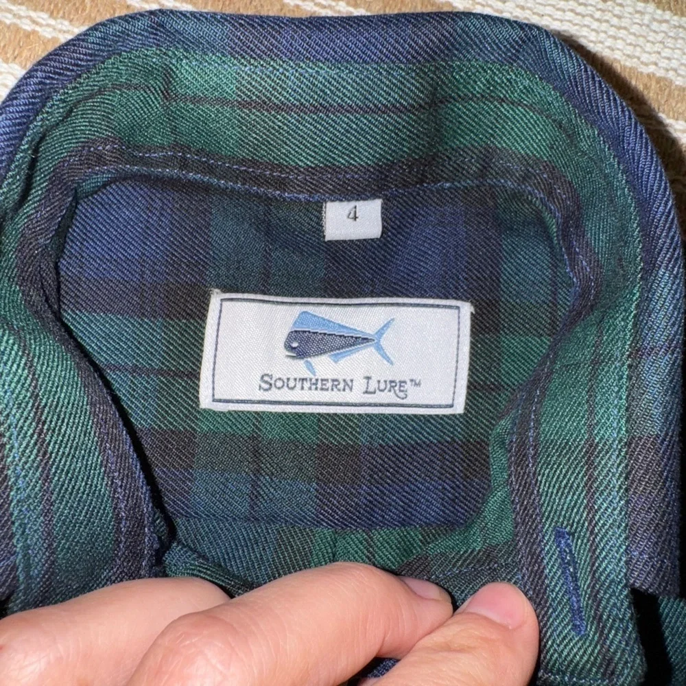 Southern Lure Boys Navy & Green Plaid Woven Button Down Dress Shirt Size 4